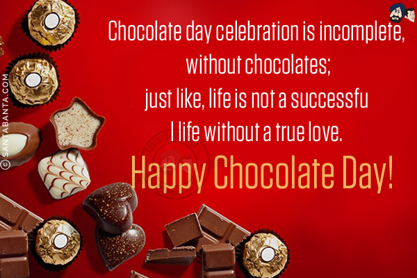 Chocolate day celebration is incomplete, without chocolates;<br/>
just like, life is not a successful life without a true love.<br/>
Happy Chocolate Day!