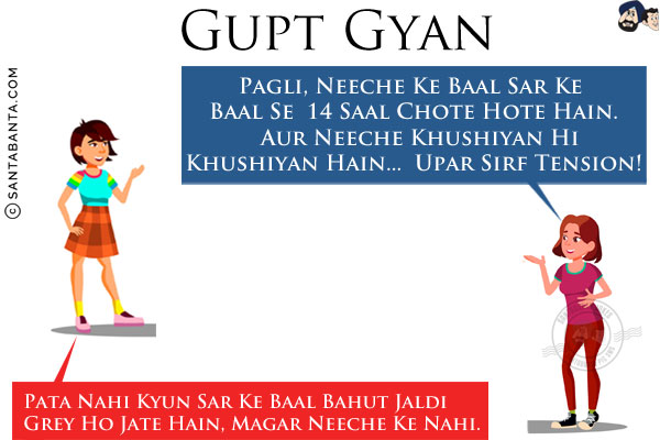 Gupt Gyan:<br/>
1st Girl: Pata Nahi Kyun Sar Ke Baal Bahut Jaldi Grey Ho Jate Hain, Magar Neeche Ke Nahi.<br/>
2nd Girl: Pagli, Neeche Ke Baal Sar Ke Baal Se 14 Saal Chote Hote Hain. Aur Neeche Khushiyan Hi Khushiyan Hain... Upar Sirf Tension!