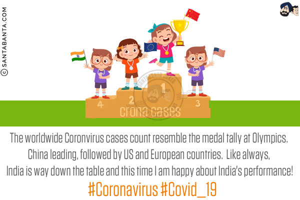 The worldwide Coronvirus cases count resemble the medal tally at Olympics.<br/>
China leading, followed by US and European countries. Like always, India is way down the table and this time I am happy about India's performance!<br/>
#Coronavirus #Covid_19