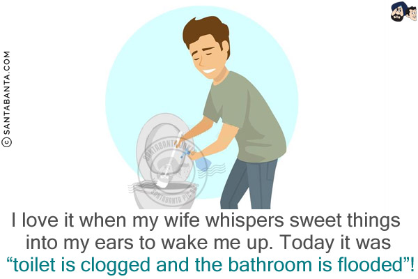 I love it when my wife whispers sweet things into my ears to wake me up.<br/>
Today it was `toilet is clogged and the bathroom is flooded`!