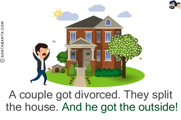 A couple got divorced. They split the house. And he got the outside!