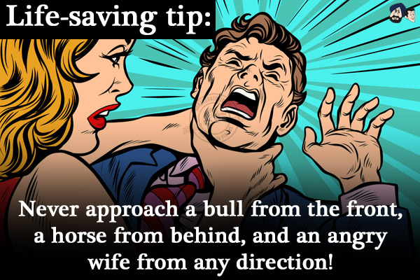 Life-saving tip:<br/>
Never approach a bull from the front, a horse from behind, and an angry wife from any direction!