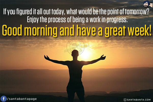 If you figured it all out today, what would be the point of tomorrow?  Enjoy the process of being a work in progress.<br/>
Good morning and have a great week!