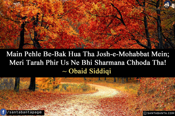 Main Pehle Be-Bak Hua Tha Josh-e-Mohabbat Mein;<br/>
Meri Tarah Phir Us Ne Bhi Sharmana Chhoda Tha!