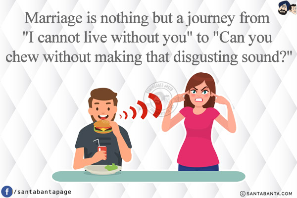 Marriage is nothing but a journey from `I cannot live without you` to `Can you chew without making that disgusting sound?`