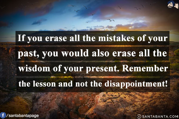 If you erase all the mistakes of your past, you would also erase all the wisdom of your present. Remember the lesson and not the disappointment!