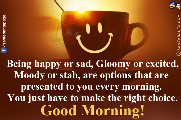 Being happy or sad,<br/>
Gloomy or excited,<br/>
Moody or stab, are options that are presented to you every morning. You just have to make the right choice.<br/>
Good Morning!