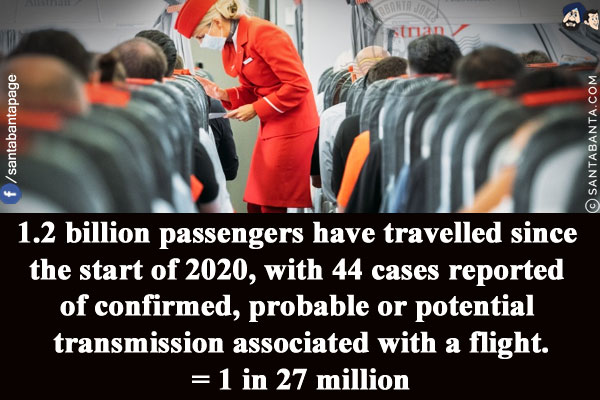 1.2 billion passengers have travelled since the start of 2020, with 44 cases reported of confirmed, probable or potential transmission associated with a flight.<br/>
= 1 in 27 million