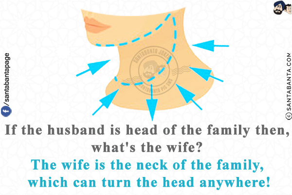 If the husband is head of the family then, what's the wife?<br/>
The wife is the neck of the family, which can turn the head anywhere!