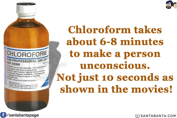 Chloroform takes about 6-8 minutes to make a person unconscious.<br/>
Not just 10 seconds as shown in the movies!