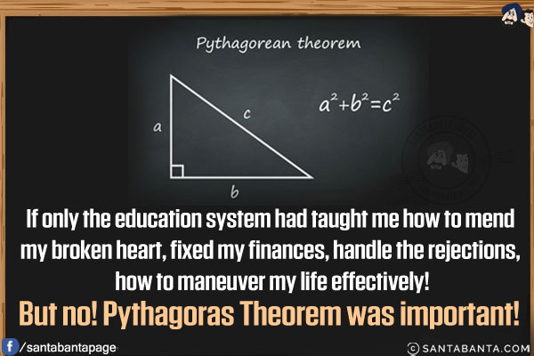 If only the education system had taught me how to mend my broken heart, fixed my finances, handle the rejections, how to maneuver my life effectively!<br/>
But no! Pythagoras Theorem was important!