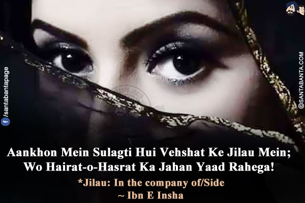 Aankhon Mein Sulagti Hui Vehshat Ke Jilau Mein;<br/>
Wo Hairat-o-Hasrat Ka Jahan Yaad Rahega!<br/><br/>

*Jilau: In the company of/Side