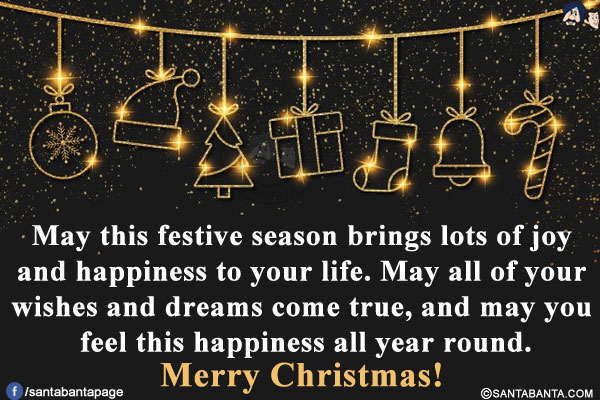 May this festive season brings lots of joy and happiness to your life. May all of your wishes and dreams come true, and may you feel this happiness all year round.<br/>
Merry Christmas!