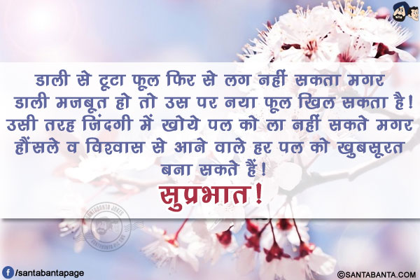 डाली से टूटा फूल फिर से लग नहीं सकता मगर डाली मजबूत हो तो उस पर नया फूल खिल सकता है!<br/>
उसी तरह जिंदगी में खोये पल को ला नहीं सकते मगर हौंसले व विश्वास से आने वाले हर पल को खुबसूरत बना सकते हैं!<br/>
सुप्रभात!