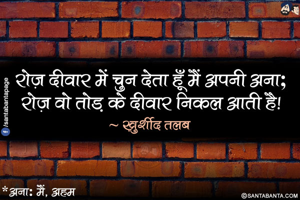 रोज़ दीवार में चुन देता हूँ मैं अपनी अना;</br>
रोज़ वो तोड़ के दीवार निकल आती है!</br></br>
*अना: मैं, अहम