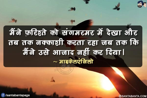 मैंने फ़रिश्ते को संगमरमर में देखा और तब तक नक्काशी करता रहा जब तक कि मैंने उसे आज़ाद नहीं कर दिया।
