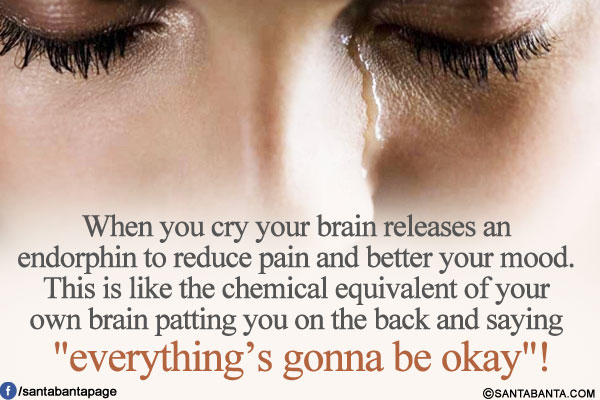 When you cry your brain releases an endorphin to reduce pain and better your mood. This is like the chemical equivalent of your own brain patting you on the back and saying `everything's gonna be okay`!