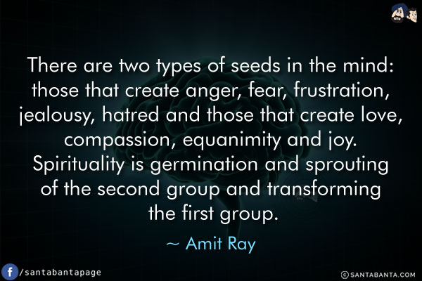 There are two types of seeds in the mind: those that create anger, fear, frustration, jealousy, hatred and those that create love, compassion, equanimity and joy. Spirituality is germination and sprouting of the second group and transforming the first group.