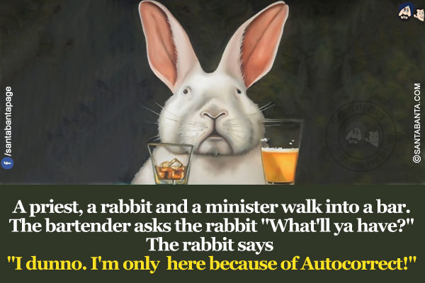 A priest, a rabbit and a minister walk into a bar.<br/>
The bartender asks the rabbit `What'll ya have?`<br/>
The rabbit says `I dunno. I'm only here because of Autocorrect!`