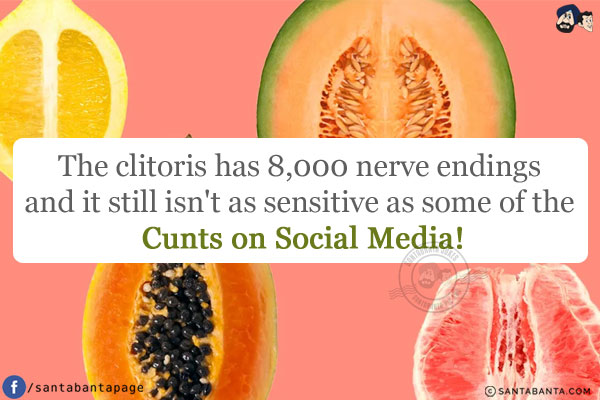 The clitoris has 8,000 nerve endings and it still isn't as sensitive as some of the Cunts on Social Media!
