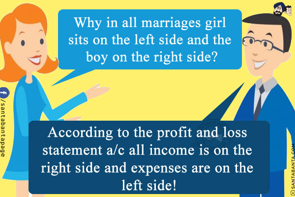 Wife: Why in all marriages girl sits on the left side and the boy on the right side?<br/>
Husband: According to the profit and loss statement a/c all income is on the right side and expenses are on the left side!