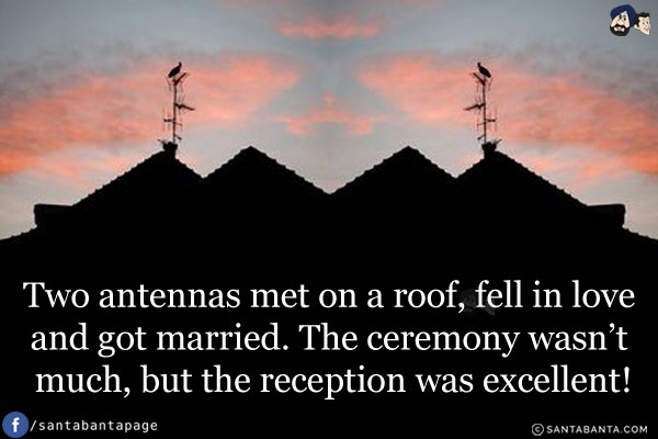 Two antennas met on a roof, fell in love and got married.<br/>
The ceremony wasn't much, but the reception was excellent!