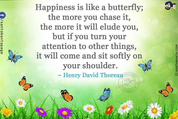 Happiness is like a butterfly; the more you chase it, the more it will elude you, but if you turn your attention to other things, it will come and sit softly on your shoulder.
