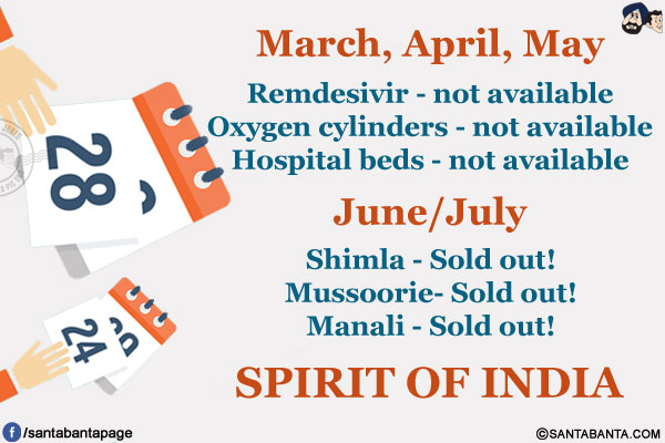 March, April, May<br/><br/>

Remdesivir - not available<br/>
Oxygen cylinders - not available<br/>
Hospital beds - not available<br/><br/>

June/July<br/><br/>

Shimla - Sold out!<br/>
Mussoorie- Sold out!<br/>
Manali - Sold out!<br/><br/>

SPIRIT OF INDIA