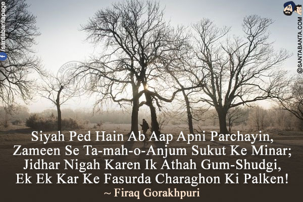 Siyah Ped Hain Ab Aap Apni Parchayin,<br />
Zameen Se Ta-mah-o-Anjum Sukut Ke Minar;<br />
Jidhar Nigah Karen Ik Athah Gum-Shudgi,<br />
Ek Ek Kar Ke Fasurda Charaghon Ki Palken!<br />