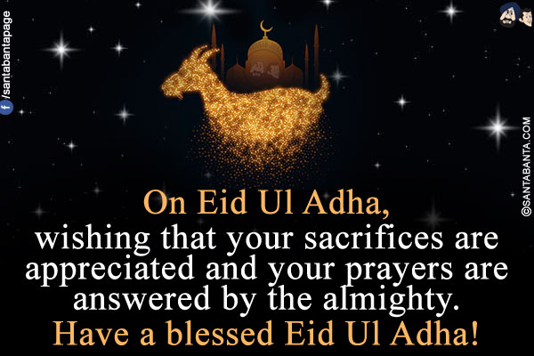 On Eid Ul Adha, wishing that your sacrifices are appreciated and your prayers are answered by the almighty.<br/>
Have a blessed Eid Ul Adha!