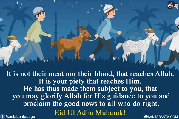 It is not their meat nor their blood, that reaches Allah.<br/>
It is your piety that reaches Him.<br/>
He has thus made them subject to you, that you may glorify Allah for His guidance to you and proclaim the good news to all who do right.<br/>
Eid Ul Adha Mubarak!