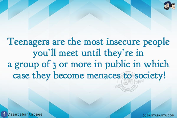 Teenagers are the most insecure people you'll meet until they're in a group of 3 or more in public in which case they become menaces to society!