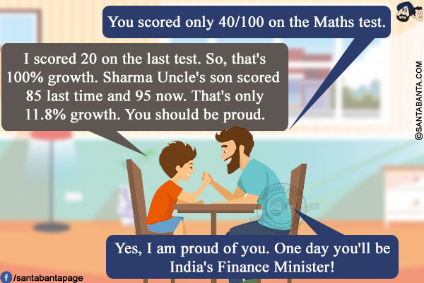 Dad: You scored only 40/100 on the Maths test.<br/>
Kid: I scored 20 on the last test. So, that's 100% growth. Sharma Uncle's son scored 85 last time and 95 now. That's only 11.8% growth. You should be proud.<br/>
Dad: Yes, I am proud of you. One day you'll be India's Finance Minister!