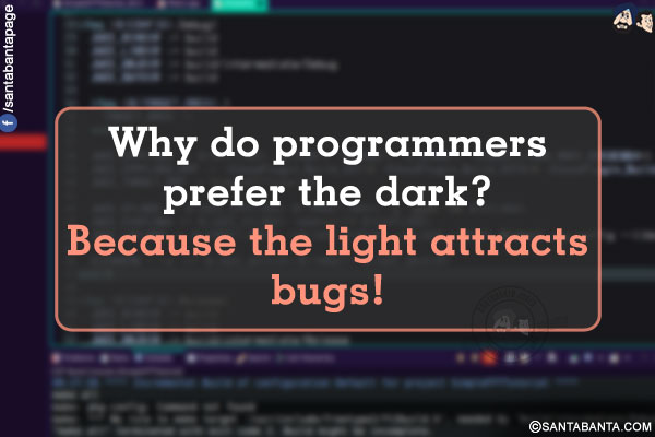 Why do programmers prefer the dark?<br/>
Because the light attracts bugs!