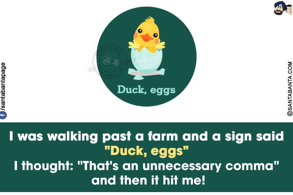 I was walking past a farm and a sign said `Duck, eggs`<br/>
I thought: `That's an unnecessary comma` and then it hit me!