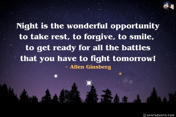 Night is the wonderful opportunity to take rest, to forgive, to smile, to get ready for all the battles that you have to fight tomorrow.