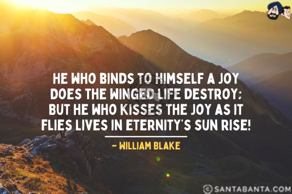 He who binds to himself a joy Does the winged life destroy; But he who kisses the joy as it flies Lives in eternity's sun rise.