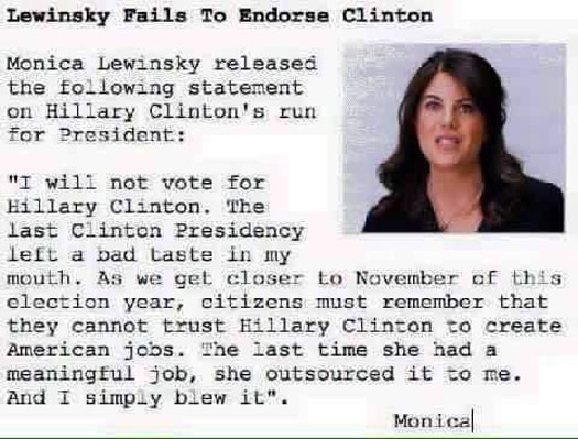 Monica Lewinsky Won't Vote for Hillary!