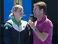 Kim Clijsters calls out commentator Todd Woodbridge at the Australian Open after he reportedly texted to another tennis player that he thought she was pregnant.