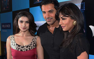 John Abraham, Prachi Desai and Chitrangda Singh during the promotion of their film `I Me Aur Main`