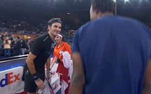 Roger Federer challenged Gael Monfils in a dancing competition during a changeover at the IPTL.