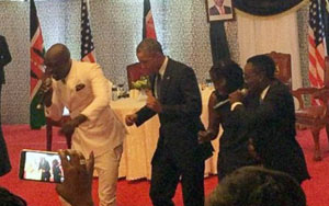 During a state dinner in Nairobi, US President Barack Obama put on his dancing shoes and joined the performers onstage to groove to Kenya` version of the `Gangnam Style`. He was joined on stage by Kenyan President Uhuru Kenyatta, First lady Margaret Kenyatta, US National Security Adviser Susan Rice and Obama`s half-sister Auma.