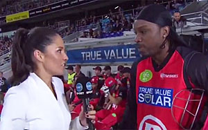 I wanted to come and have an interview with you as well. That`s the reason why I`m here, just to see your eyes for the first time. It`s nice so. Hopefully we can win this game and have a drink after. Don`t blush, baby - Chris Gayle<br>
Gayle, who plays for the Melbourne Renegades in the T20 competition, was speaking to McLaughlin after he made a quickfire 41 runs of 15 balls in his team`s victory in Tasmania.<br>The Channel 10 host quickly ended the interview after the West Indian`s final comment, wishing him luck for the rest of the tournament.<br>
Shortly after the incident, Big Bash League Anthony Everard chief executive released a statement on Twitter. Social media reaction to the incident was instant, with many critical of Gayle`s `Sexist` behaviour. 
